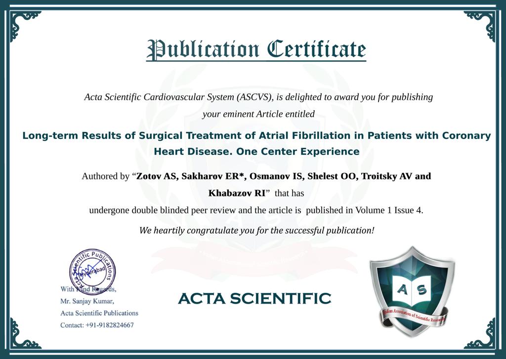 Кардиохирурги опубликовали научную статью в иностранном журнале "ACTA SCIENTIFIC"